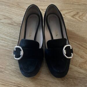 Prada Women's Black Loafers with Silver Buckle